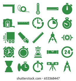 Measure icons set. set of 25 measure filled icons such as compass, ruler, measure tape, level ruler, saw, tape, cargo height, hourglass, stopwatch, 24 hours, thermometer