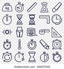 Measure icons set. set of 25 measure outline icons such as ruler, measure tape, saw, weight, hourglass, stopwatch, thermometer, pressure, measuring tape