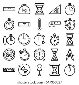 Measure icons set. set of 25 measure outline icons such as triangle ruler, level ruler, mannequin, compass, weight, ruler, 24 hours, thermometer, hourglass, stopwatch