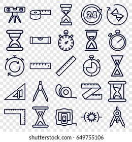 Measure icons set. set of 25 measure outline icons such as compass, ruler, triangle ruler, tape, 24 hours, hourglass, stopwatch, pressure