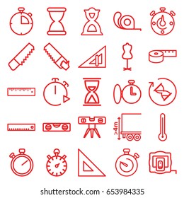 Measure icons set. set of 25 measure outline icons such as triangle ruler, measure tape, mannequin, saw, level ruler, tape, cargo height, hourglass, ruler, stopwatch