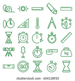 Measure icons set. set of 25 measure outline icons such as ruler, triangle ruler, level ruler, mannequin, saw, tape, weight, stopwatch, 24 hours, hourglass, thermometer