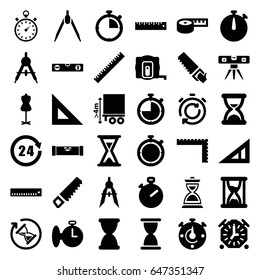 Measure icons set. set of 36 measure filled icons such as compass, ruler, triangle ruler, measure tape, level ruler, mannequin, saw, cargo height, hourglass, 24 hours
