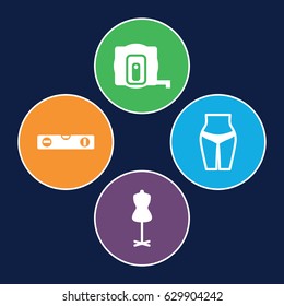 Measure icons set. set of 4 measure filled icons such as measure tape, mannequin, level ruler