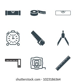 Measure icons. set of 9 editable filled and outline measure icons such as level ruler, measure tape, stopwatch, ruler, saw, compass