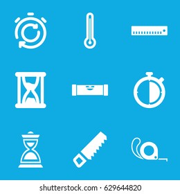 Measure icons set. set of 9 measure filled icons such as level ruler, saw, tape, hourglass, thermometer, stopwatch