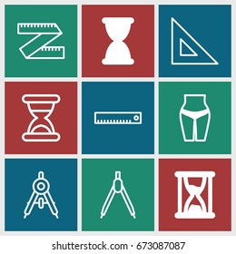 Measure icons set. set of 9 measure filled and outline icons such as hourglass, compass, ruler, waist fitness