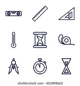 measure icons set. Set of 9 measure outline icons such as ruler, triangle ruler, level ruler, tape, compass, thermometer, hourglass
