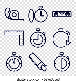 Measure icons set. set of 9 measure outline icons such as ruler, level ruler, saw, tape