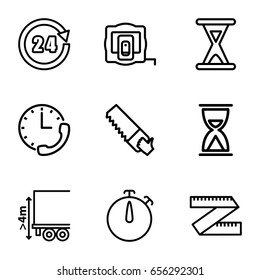Measure icons set. set of 9 measure outline icons such as saw, cargo height, 24 hours, hourglass