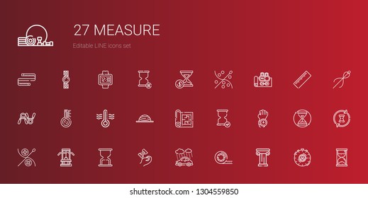 measure icons set. Collection of measure with architecture, tape, rain, hourglass, gym, sewing, watch, blueprint, balance, thermometer, exercise. Editable and scalable measure icons.
