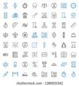 measure icons set. Collection of measure with stopclock, stopwatch, blueprint, tape, gym, finish, watch, hourglass, measuring tape, balance. Editable and scalable measure icons.