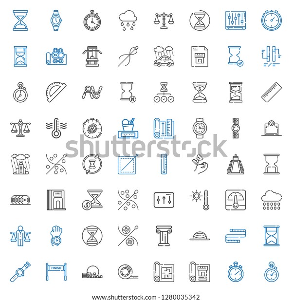 measure\
icons set. Collection of measure with stopclock, stopwatch,\
blueprint, tape, gym, finish, watch, hourglass, measuring tape,\
balance. Editable and scalable measure\
icons.