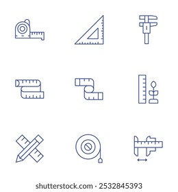 Measure icons set. Thin Line style, editable stroke. caliper, growth, measure, ruler, set square, tape measure, measuring tape, pencil.