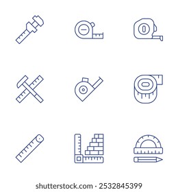 Measure icons set. Thin Line style, editable stroke. caliper, hammer, measure tape, measuring tape, measuring, protractor.