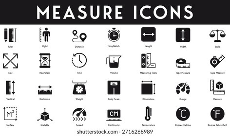 Los iconos de medida fijan la Ilustración vectorial con la colección de la Regla de la velocidad de la superficie del centímetro de la temperatura miden el volumen Tiempo Reloj de arena Tamaño Escala Longitud Ancho Cronómetro Distancia