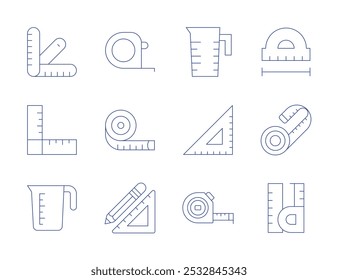 Ícones de medidas. Estilo Linha Fina, traço editável. xícara de medição, fita de medição, régua, quadrado de conjunto, fita medida, lápis e régua.