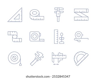 Iconos de medida. Estilo de línea delgada, carrera editable. cinta métrica, transportador, micrómetro, pinza, crecimiento, medida, Regla, cuadrado, cinta métrica.