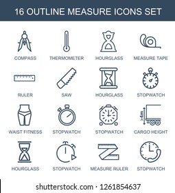 measure icons. Trendy 16 measure icons. Contain icons such as compass, thermometer, hourglass, measure tape, ruler, saw, stopwatch, waist fitness. measure icon for web and mobile.