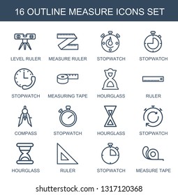 measure icons. Trendy 16 measure icons. Contain icons such as level ruler, measure ruler, stopwatch, measuring tape, hourglass, ruler, compass. icon for web and mobile.