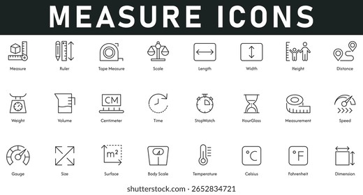 Messen Icons Vektorgrafik mit dünnen Linie editierbaren Strich enthält Lineal Band Maßstab Länge Breite Höhe Entfernung Dimension Größe Messgerät Geschwindigkeit Zeit Volumen Gewicht