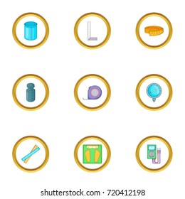 Measure instrumentation icons set. Cartoon style set of 9 measure instrumentation vector icons for web design