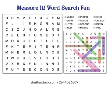 A "Measure It! Word Search Fun" quebra-cabeça com palavras relacionadas à medição destacadas, incluindo Celsius, grama, metro, libra, onça e segundo.