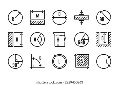 Symbole der Längen- und Längenlinie messen. Skalieren und Größe mit Notation für mathematische Messungen Icon Set. Messbezogene Vektorbearbeitbare Strich-Icon-Sammlung.