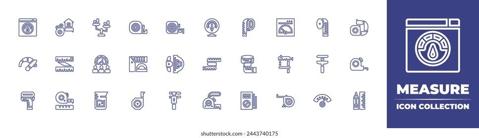 Symbolsammlung für Maßzeile. Bearbeitbarer Strich. Vektorgrafik. Enthält Messband, Maßband, Tachometer, Meter, Armaturenbrett, Voltmeter, Messung, Geschwindigkeitstest, Skala.
