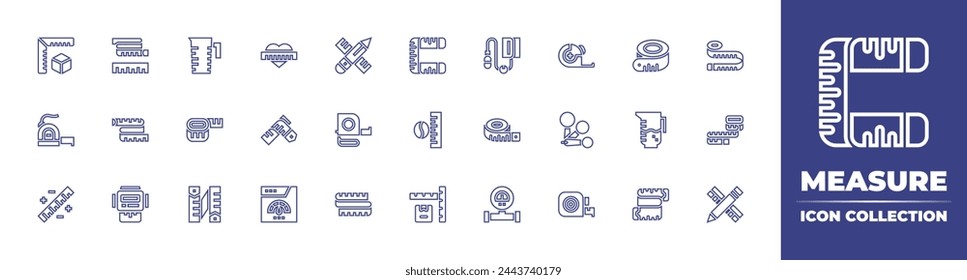 Measure line icon collection. Editable stroke. Vector illustration. Containing measuring tape, pencil, ruler, coffee beans, speedometer, size, electric meter, measure cup, meter, gauge.