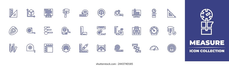 Measure line icon collection. Editable stroke. Vector illustration. Containing cube, ruler, speedometer, measuring tape, measure tape, thermometer, gauge, measure, measuring spoons.