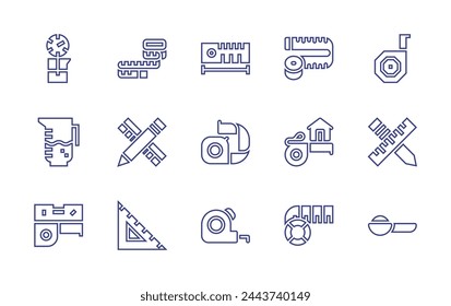 Measure line icon set. Editable stroke. Vector illustration. Containing pencil, tea, tape measure, measuring tape, measure tape, measuring cup, measure, thermometer, ruler, tape.