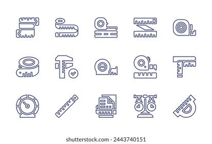 Measure line icon set. Editable stroke. Vector illustration. Containing measuring tape, measure tape, tape measure, measure, tape, speedometer, protractor, balance beam, document.