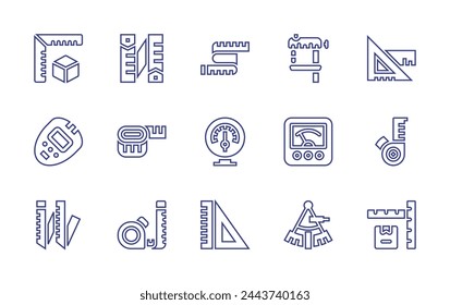 Maßzeilensymbolsatz. Bearbeitbarer Strich. Vektorgrafik. Enthält Maßband, Lineal, Thermometer, Lineale, Größe, Maßband, Voltmeter, Sextant, Messgerät, Dosierung.