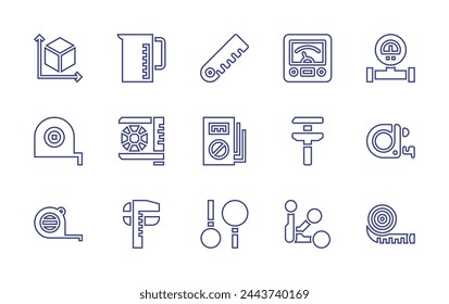 Measure line icon set. Editable stroke. Vector illustration. Containing cube, ruler, measuring tape, multimeter, voltmeter, measuring spoons, measuring jar, measuring cups, measure, caliper, gauge.