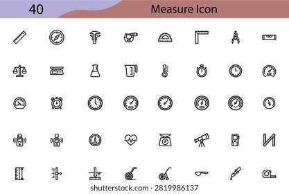 Measure line icons set. Geometry, science and engineering outline symbols including ruler, scale, thermometer, stopwatch, caliper and compass. Ideal for educational apps. Editable stroke vector.