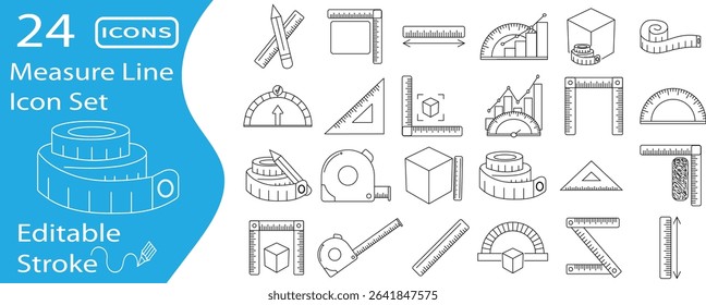 Measure line icons such as rulers, scales, cubes, and protractors. Ideal for technical, educational, and business visuals.