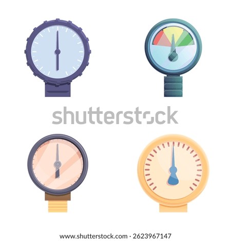 Measure manometer icons set cartoon vector. Different type of pressure gauge. Pipe pressure gauge measurement