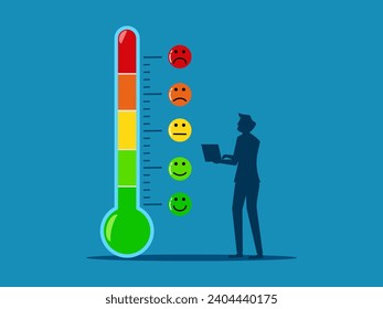 Medir el estado de ánimo del cliente. Empresario con termómetro que mide diferentes niveles de ánimo. vector 