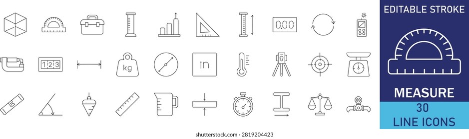 Measure and precision measurement tool line icon set. Vector symbols for ruler scale, tape measure, size dimension, weight balance scale, caliber, and geometry math units.