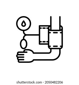 Measure pressure thin line icon, tonometer on hand. Modern vector illustration of medical procedure.