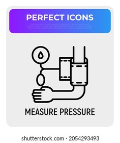 Measure pressure thin line icon, tonometer on hand. Modern vector illustration of medical procedure.