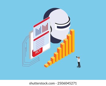 Medir el retorno de la inversión para las campañas de marketing. ILUSTRACIÓN VECTORIAL isométrica de la Tecnología 3d de la IA