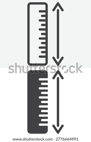 Measure ruler icon in line outline and solid icon versions, showing vertical ruler with arrows. Editable stroke vector sign, symbol for length, dimension, UI design.