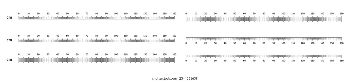 Escala de medida, medidor horizontal de 0 a 160 cm, marcado para la regla. Herramienta de medición, indicadores de tamaño métrico, ilustración vectorial