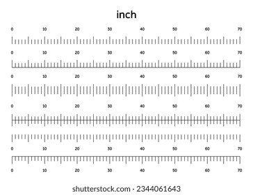 Measure scale, horizontal meter from 0 to 70 inch, markup for ruler. Measuring tool, metric size indicators, vector illustration.