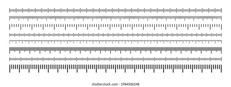 Measure scale vector set, horizontal markup for rulers with different units. Measuring tool.  Size indicators. Thermometer scale. Simple illustration