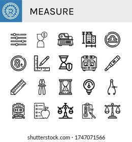 measure simple icons set. Contains such icons as Barometer, Levels, Hourglass, Scale, Measure, Libra, Weight, Ruler, Electric meter, Thermometer, can be used for web, mobile and logo