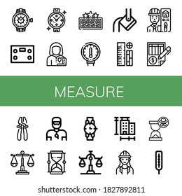 medir el conjunto de iconos simples. Contiene iconos como Watch, escala de baño, sastre, puntuación alta, ancho de banda, fuerte, gobernantes, arquitecto, balance, Plier, se pueden usar para web, móvil y logotipo