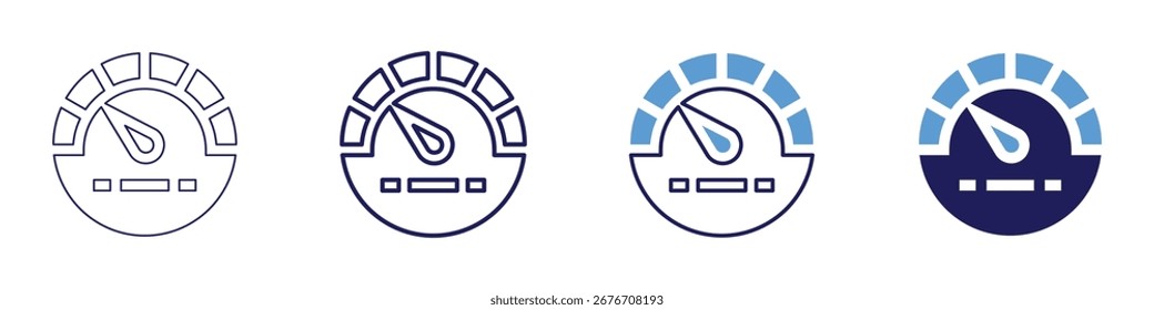 Icono de medición de velocidad en 4 estilos diferentes. Línea delgada, línea, línea en negrita, duotono. Estilo duotono. Trazo editable.